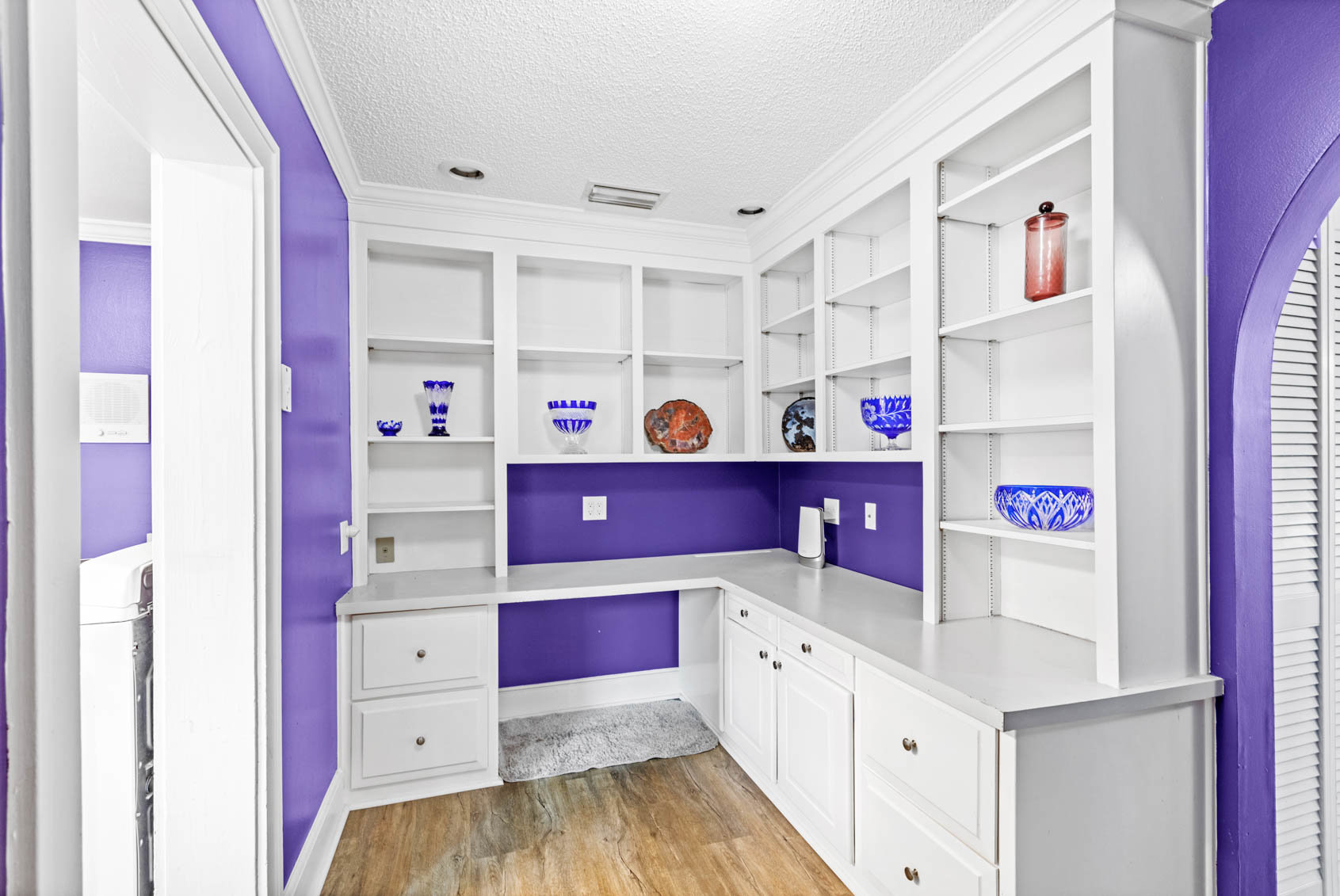 pantry with white and purple shelves